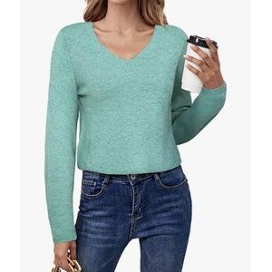 LANPULUX Women's Long Sleeve 100% Wool cropped vneck Sweater aqua